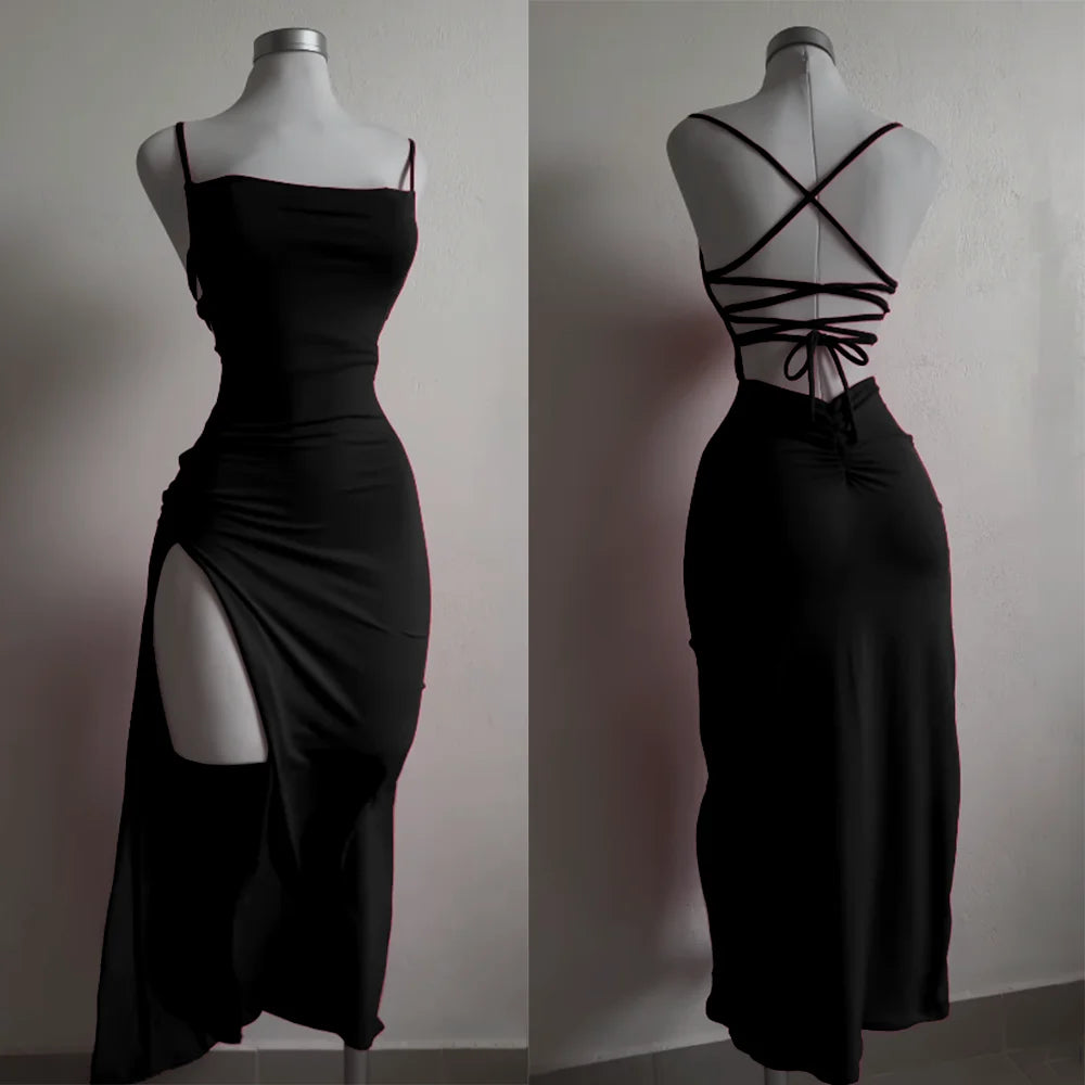 Summer High Sensibility Halter Strap Dress Ankle-Length Slim Fit Spaghetti Strap Spice Girl Style Junior Women's Polyester Elastane