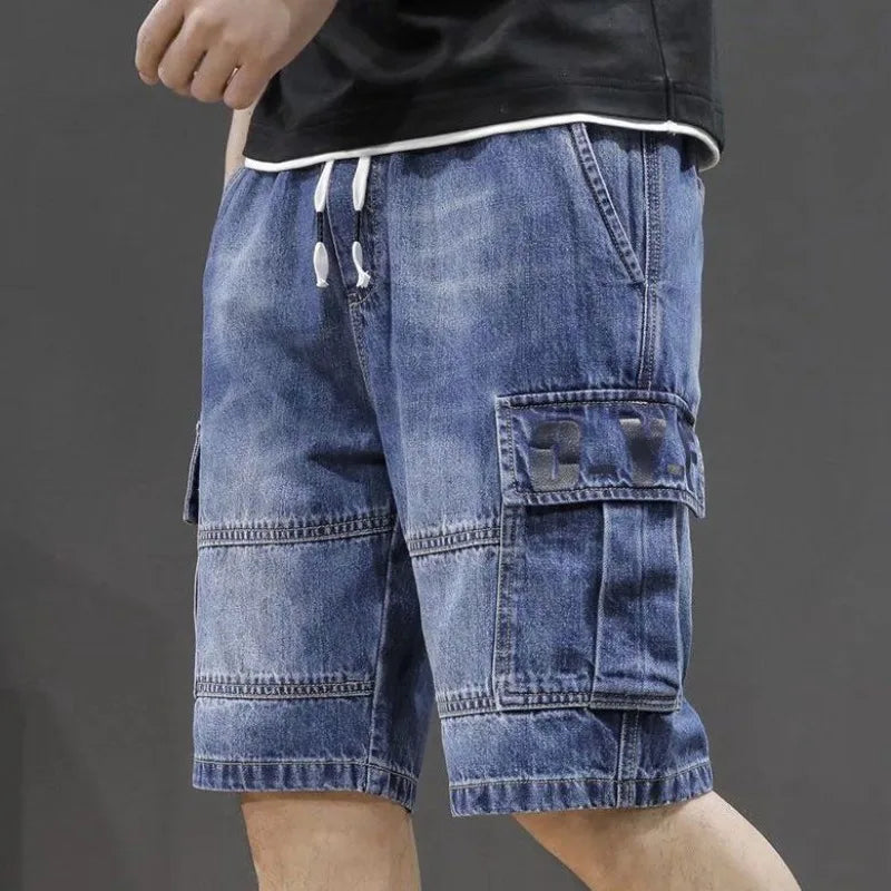Men's Short Jeans Pants Straight Drawstring with Text Male Denim Shorts Cargo