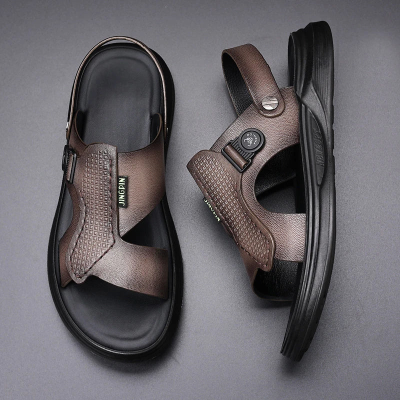 Mens First Layer Sheepskin Summer Sandals Genuine Leather Beach Shoes Casual Slip On Leather Slippers Comfortable Outdoor Male