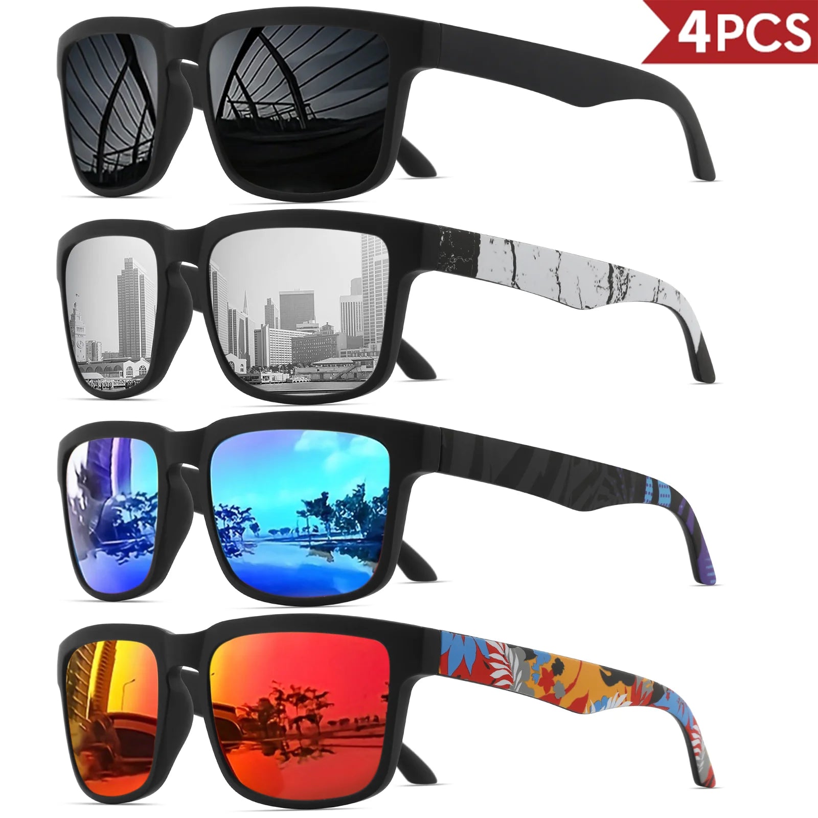 4PCS Square Sports Sunglasses with Designer Temple Pattern - UV400 for Men/Women, Beach Vacation