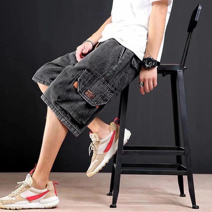 Men's Short Jeans Pants Straight Drawstring with Text Male Denim Shorts Cargo