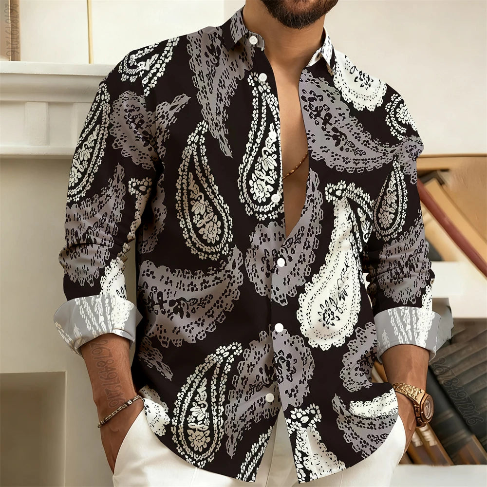 Men's Long-Sleeved Shirt with Paisley Cashew Pattern Print, Vintage, Comfortable, and Stylish Casual Men's Lapel Top
