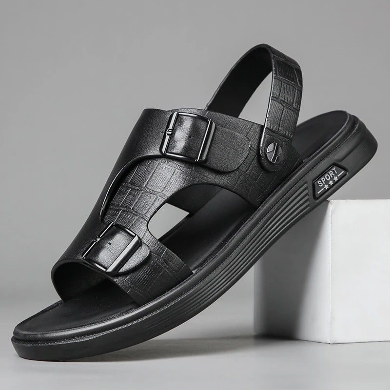 Mens First Layer Sheepskin Summer Sandals Genuine Leather Beach Shoes Casual Slip On Leather Slippers Comfortable Outdoor Male