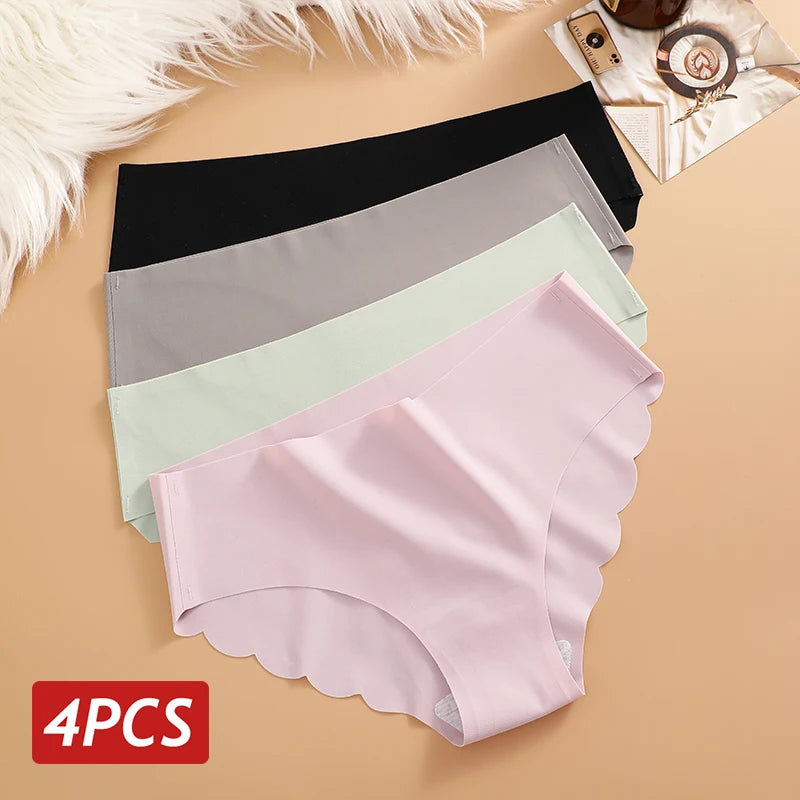 4PCS Ice Silk Seamless Panties Set Women's Briefs Solid Color Elastic Underwear Female Ultra Thin No Trace Wavy Side Panties