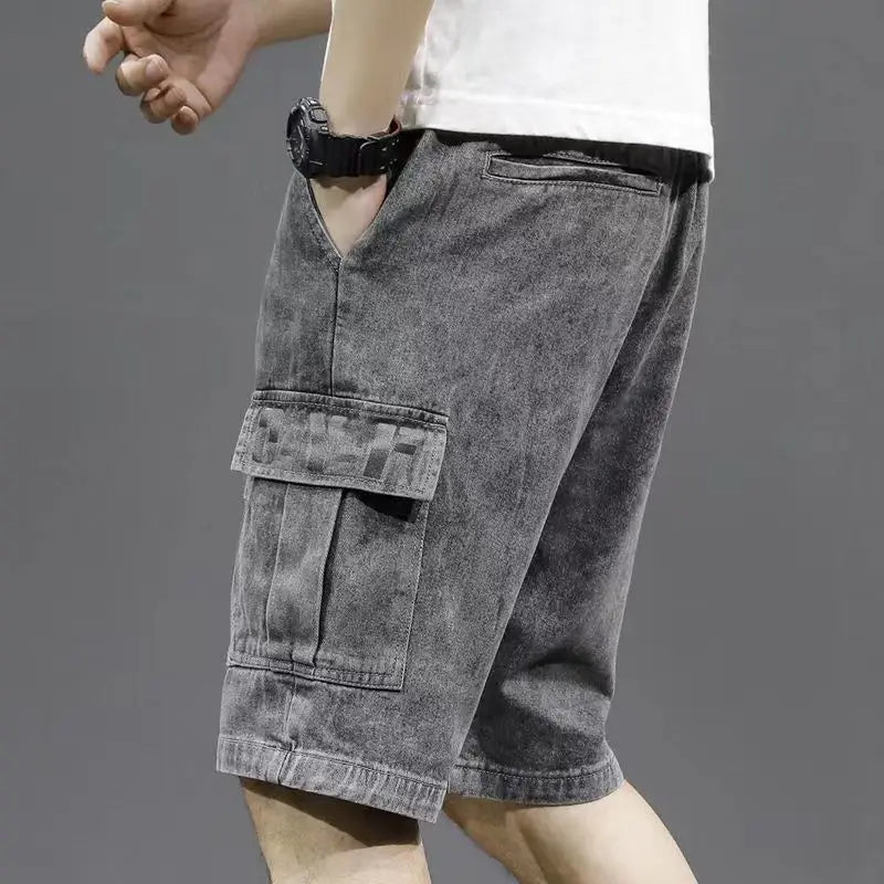 Men's Short Jeans Pants Straight Drawstring with Text Male Denim Shorts Cargo