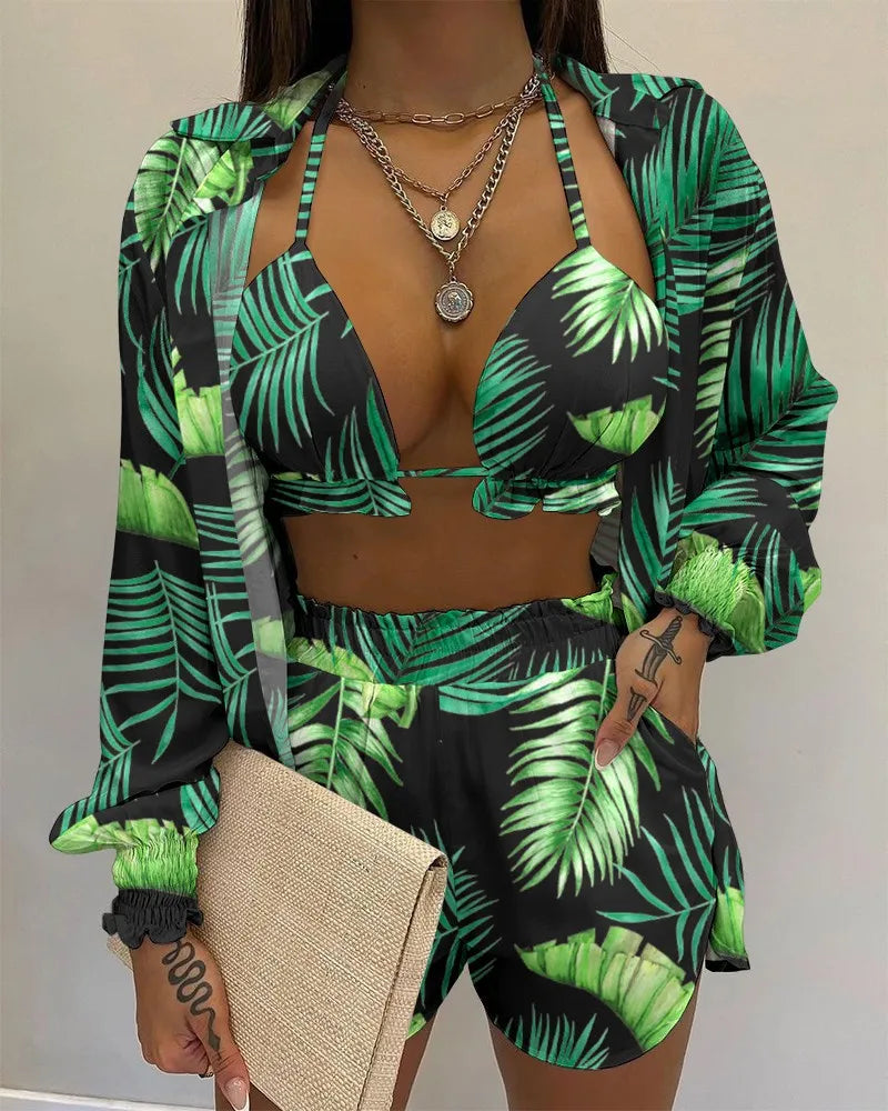 New Bathing Suit Shorts Cover Up Summer Three Pieces Swimwear Sexy Beachwear High Waist Bikini Set Print Women's Swimsuit
