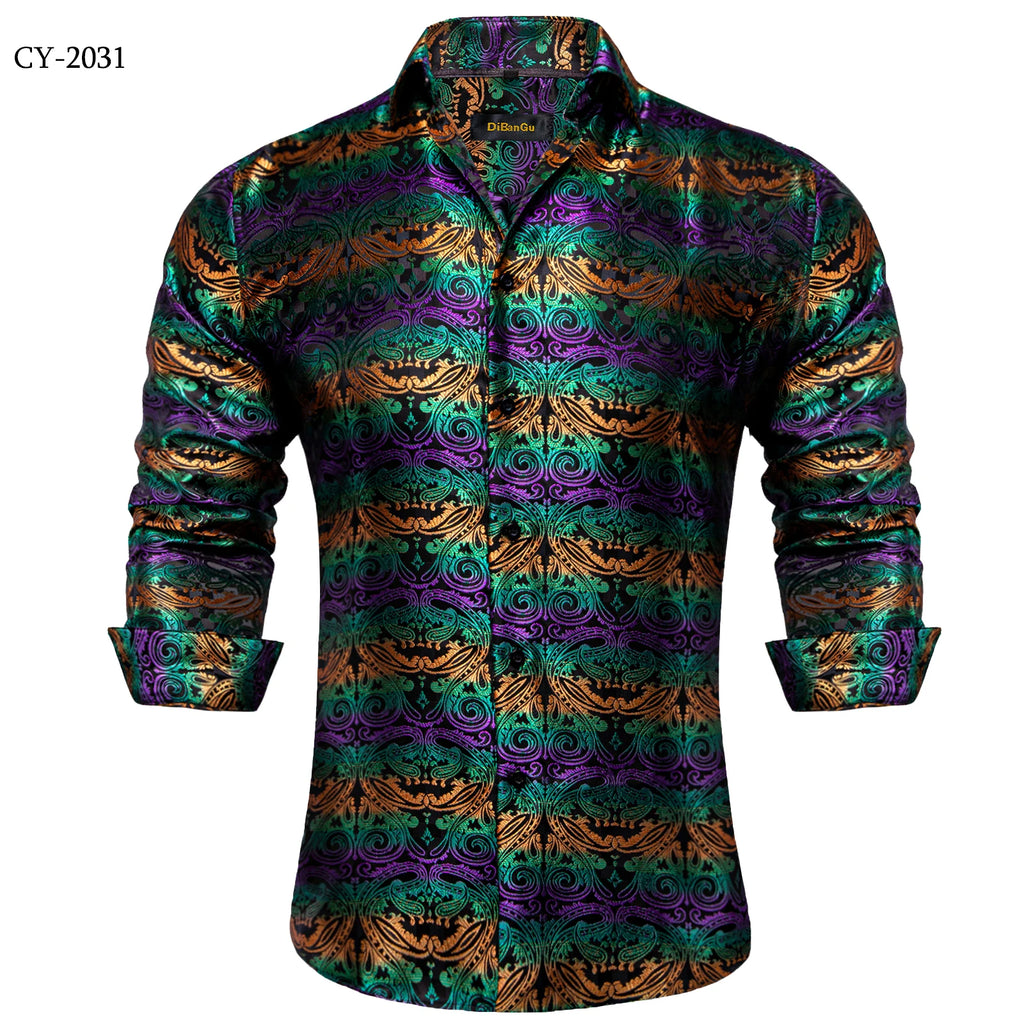 Men's Shirts Long Sleeve Polyester Dress Shirts Luxury Tuxedo Turn Down Collar Social Paisley Shirt Men Clothing