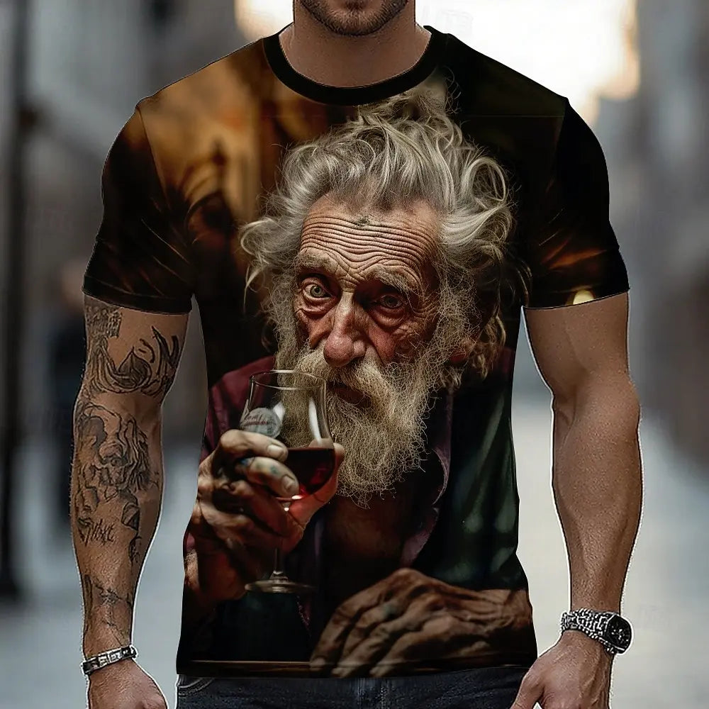 Men's Artistic Red Wine Old Man Portrait Tee Crew Neck Short Sleeve Casual Graphic Top for Spring & Summer