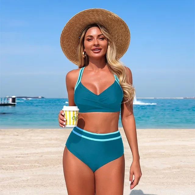 Women's solid colors/white stripe Bikini set beach style, two-piece swimsuit backless swimsuit