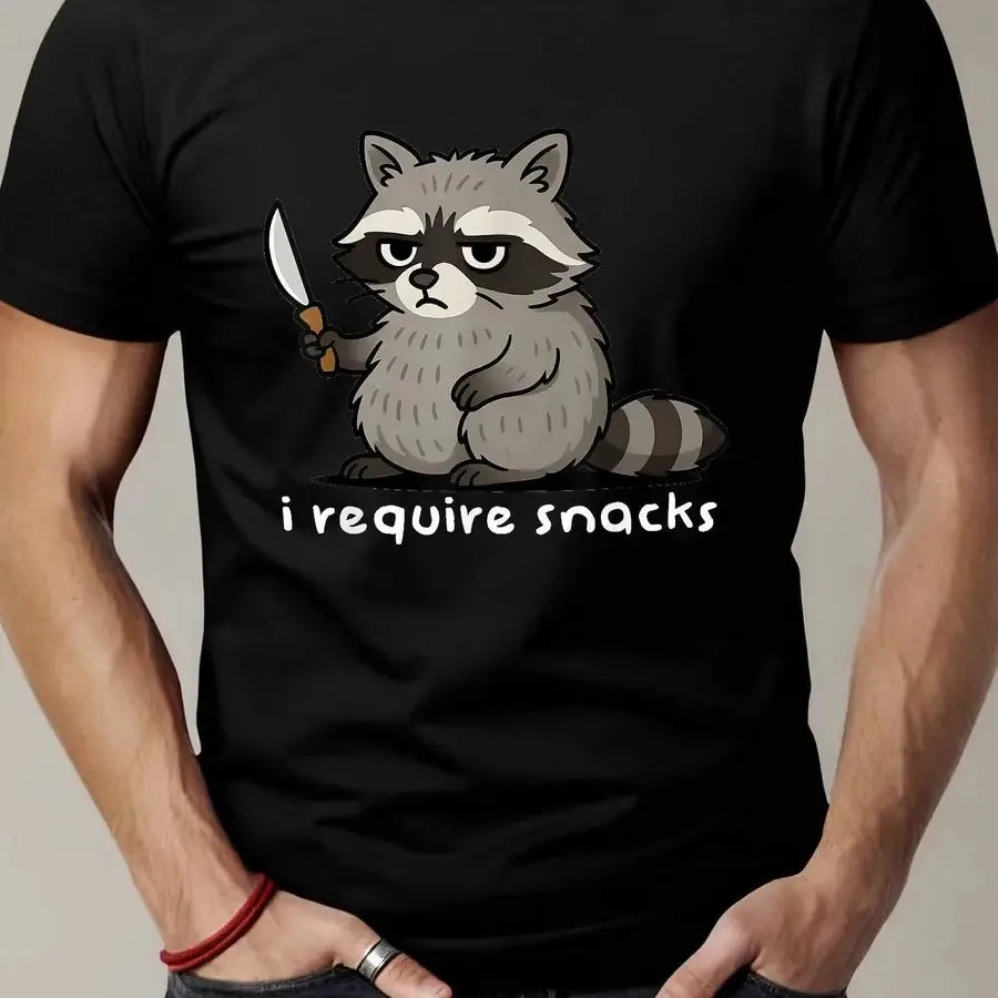 Men's Funny Raccoon "I Require Snacks" Vintage T-Shirt - Cute Raccoon Face and Humor Text Loose Fit Casual Shirt