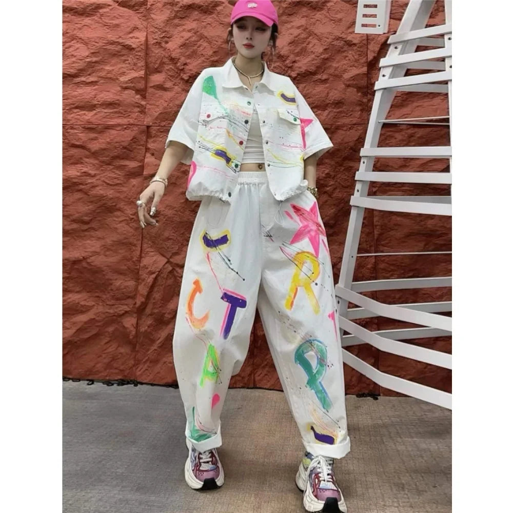 Personalized Hand-painted Denim Outfit Women 2026 Summer Short-sleeve Coat + Loose Long Pants Two-piece Set