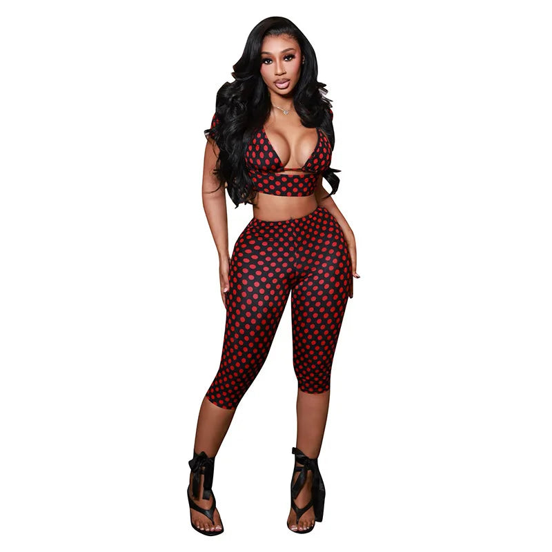 Fashion Vintage Polka Dot Print 3 Piece Sets Woman Outfits Short Sleeve Crop Tops and Midi-Pants