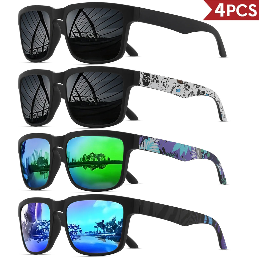 4PCS Square Sports Sunglasses with Designer Temple Pattern - UV400 for Men/Women, Beach Vacation
