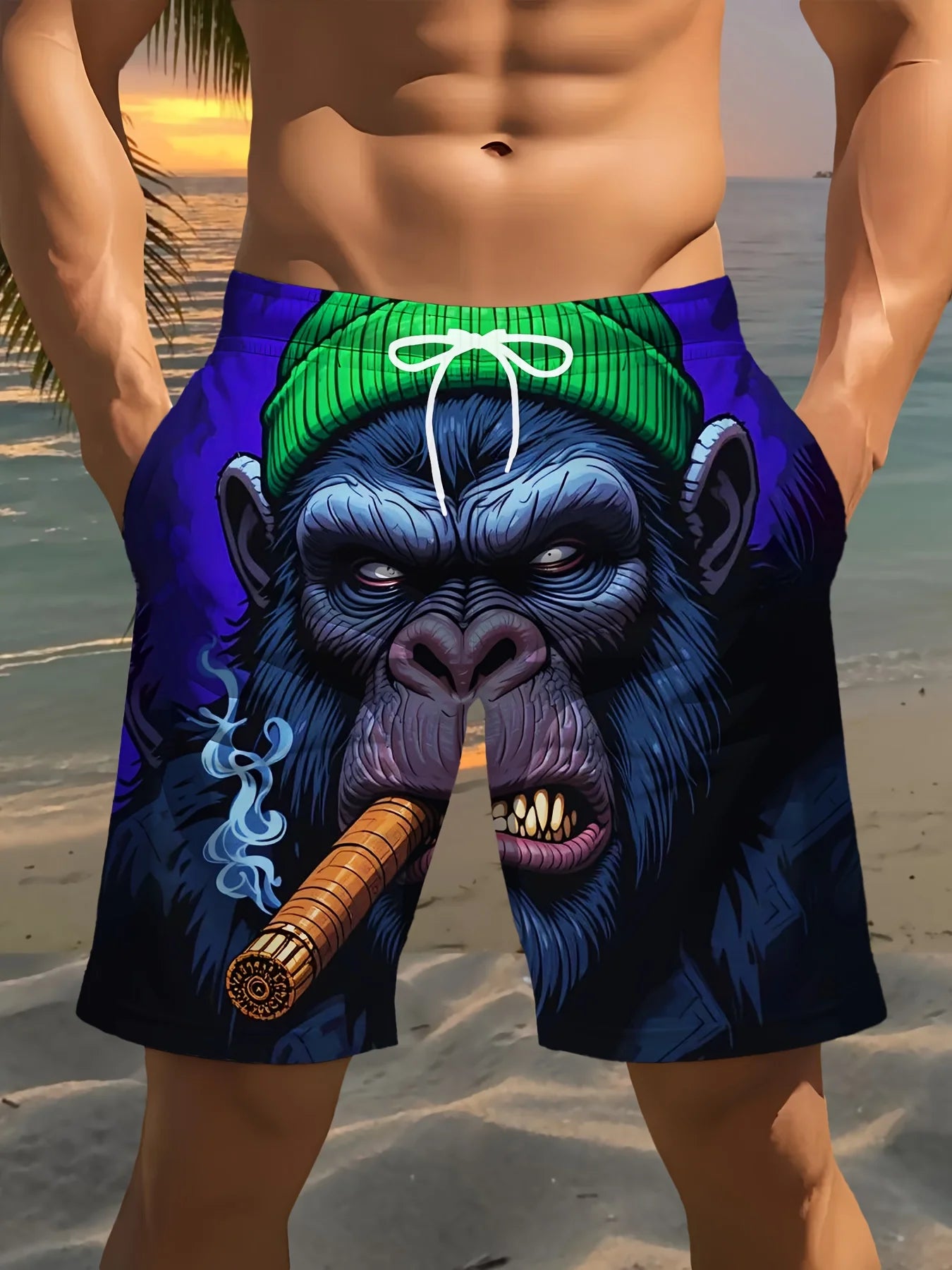 3D Gorilla Print Design Fashion Waterproof Quick-Dry Sports Men Surfing Beach Shorts