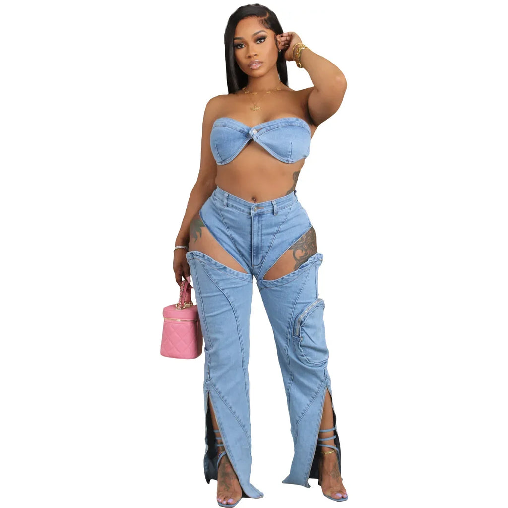 Denim Pants Sets for Women 2026 Sexy Streetwear Two Piece Set Outfits Chest Wrap Sleeveless Backless Top Hollow Out Jeans