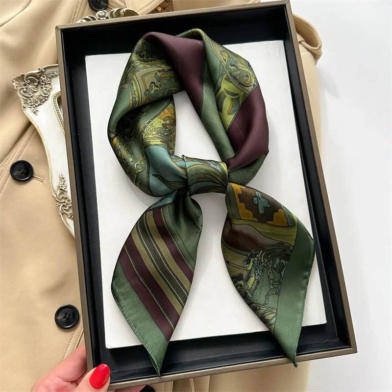 Retro Horse Print Neckerchief 70*70cm Green Square Scarf Women’s Breathable Imitation Silk Bandannas