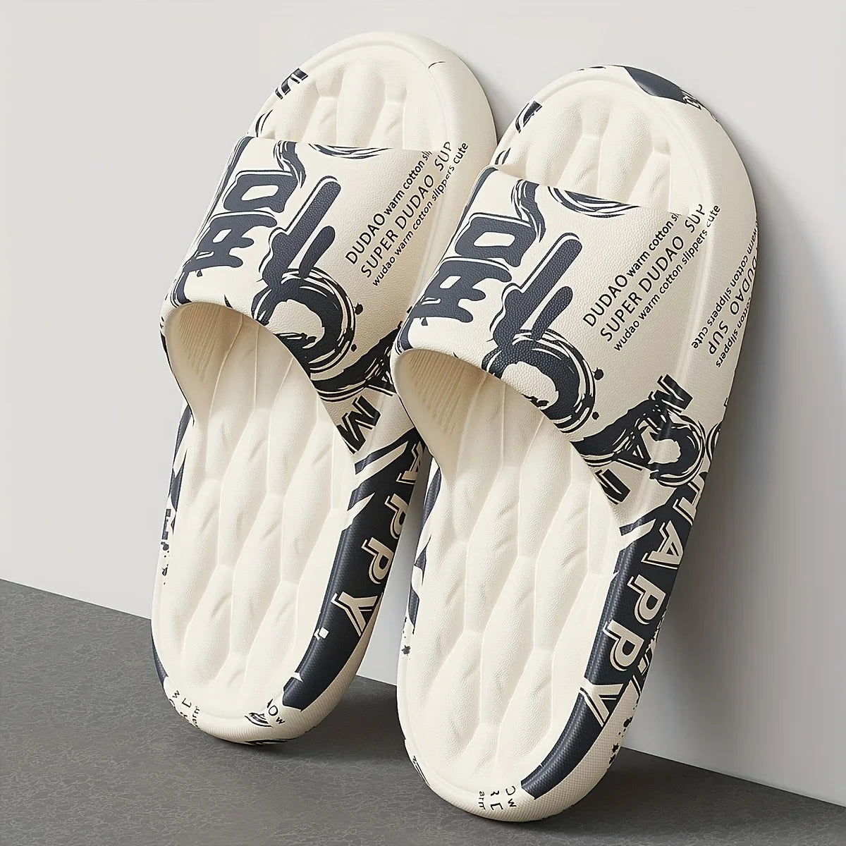 Trendy EVA Graffiti Slides for Men/Women Soft Comfortable Black White Design Playful Patterns Casual Home Outdoor Wear