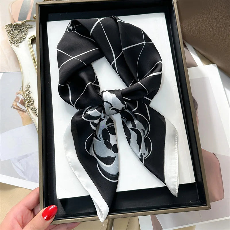 Luxury Imitation Silk Scarf Black And White Striped Head Wrap For Women Multifunction Silk Feeling Neckerchief