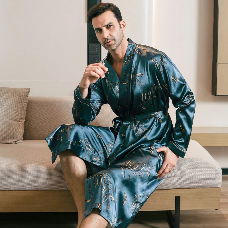 Pajama men's spring and autumn silk thin style oversized pajamas long sleeved bathrobes ice silk bathrobes