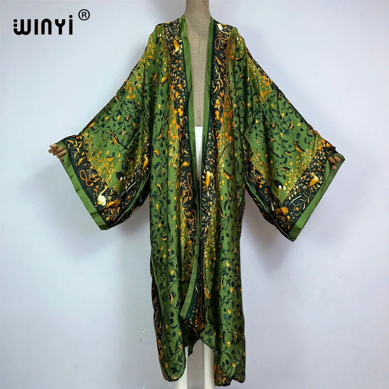 Women Cardigan stitch Cocktail sexy Boho Maxi African Holiday Batwing Sleeve Silk feeling Robe