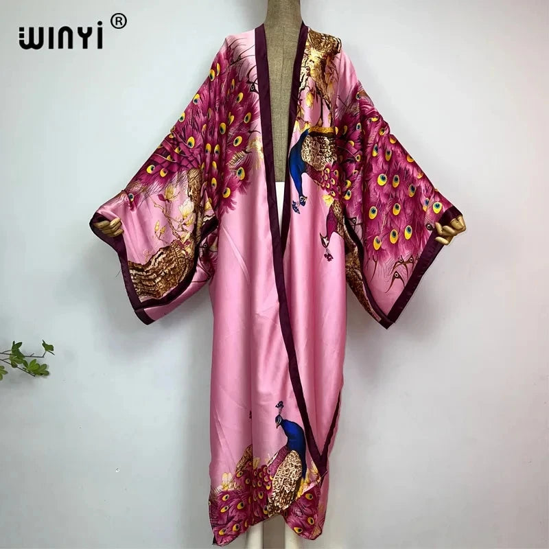 Women Cardigan stitch Cocktail sexy Boho Maxi African Holiday Batwing Sleeve Silk feeling Robe
