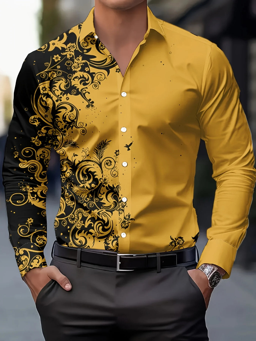 Men'S Stylish Floral Print Dress Shirt - Casual Long Sleeve Button-Up Design Floral Print Shirt