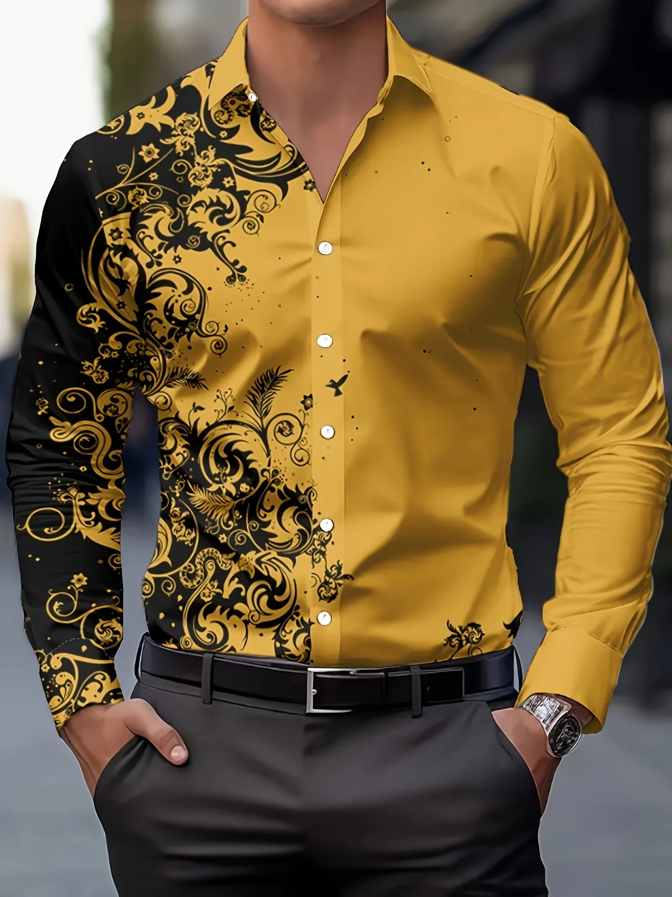 Men'S Stylish Floral Print Dress Shirt - Casual Long Sleeve Button-Up Design Floral Print Shirt