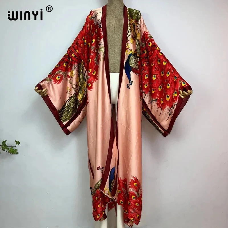 Women Cardigan stitch Cocktail sexy Boho Maxi African Holiday Batwing Sleeve Silk feeling Robe