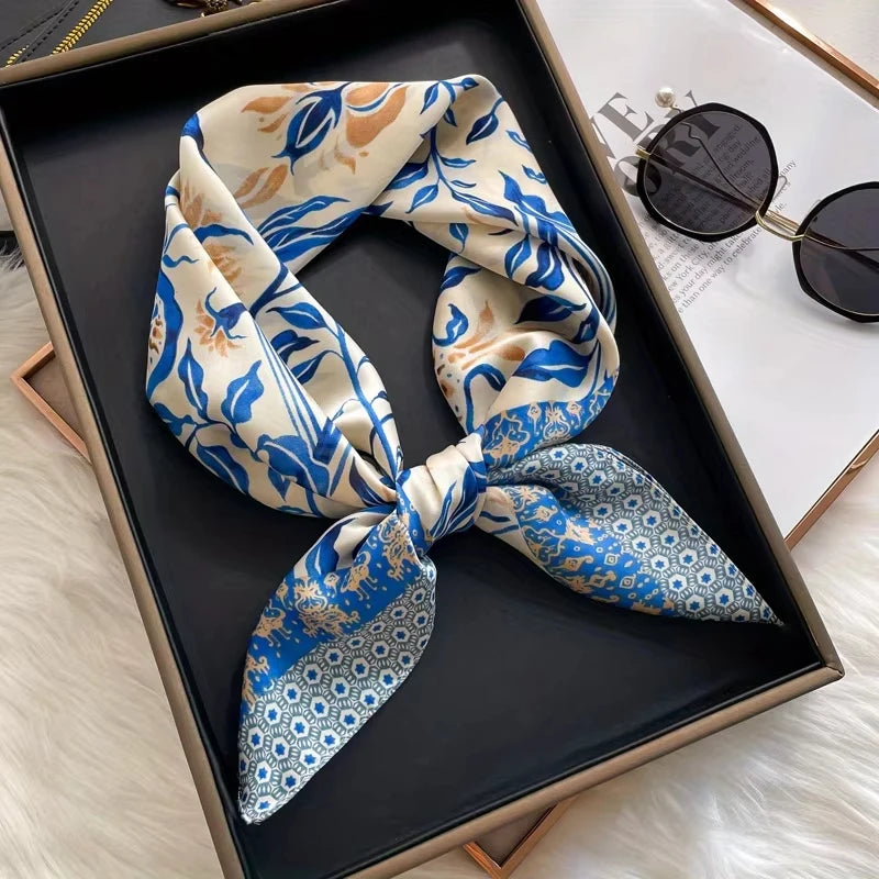 Luxury Imitation Silk Scarf Black And White Striped Head Wrap For Women Multifunction Silk Feeling Neckerchief