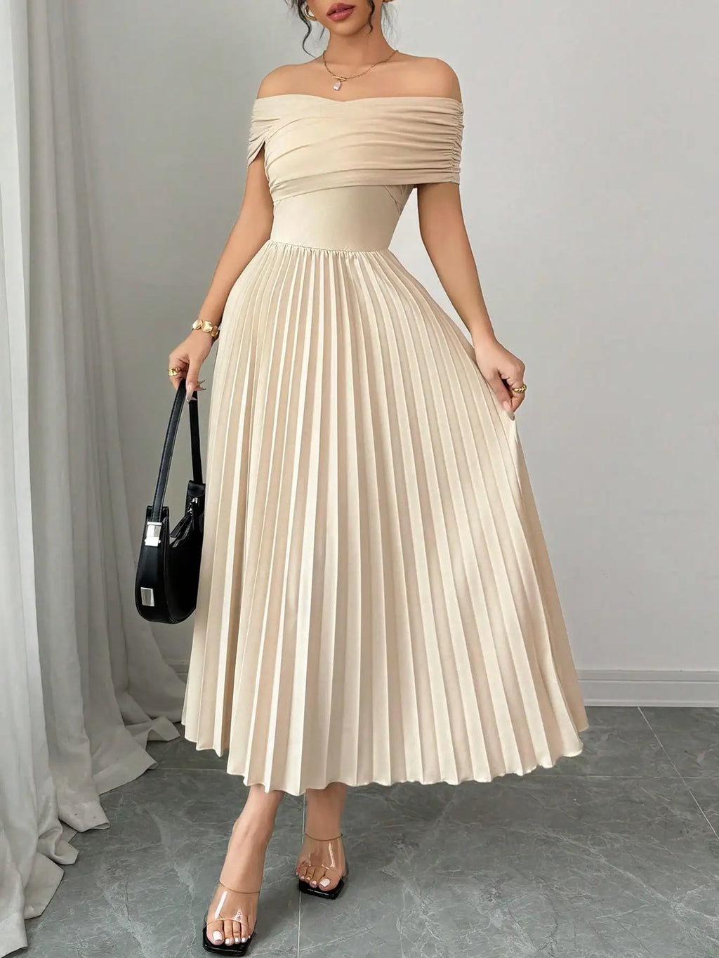 Off Shoulder Pleated Maxi Dress with Adjustable Wrap Top