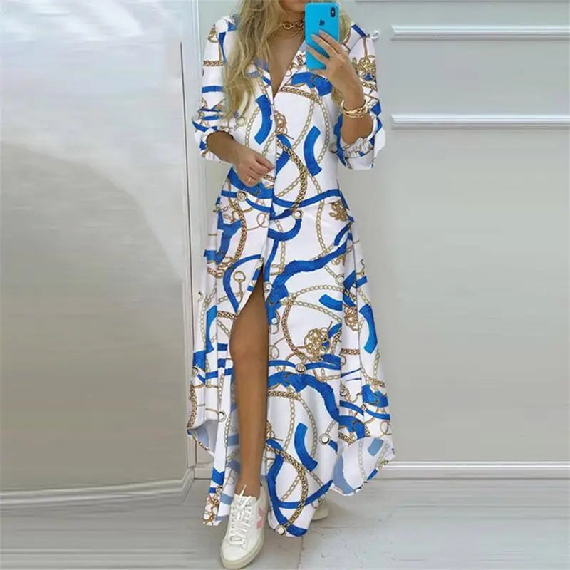 Summer Women Boho Printed Long Shirts Elegant Dress Turn-down Collar Long Sleeve Female Casual Split Shirt