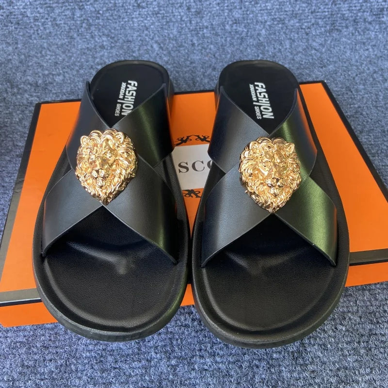 Leather slides for man black brown fashion shoes for mens slippers business beach slippers