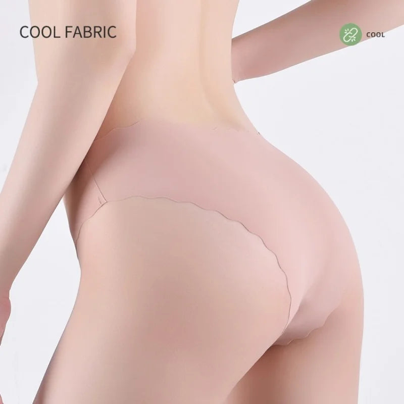 4Pcs/Set Ice Silk Mid-Rise Panties Women's Seamless Briefs Solid No Show Underwear Scalloped Edge Panties Sexy Lingerie