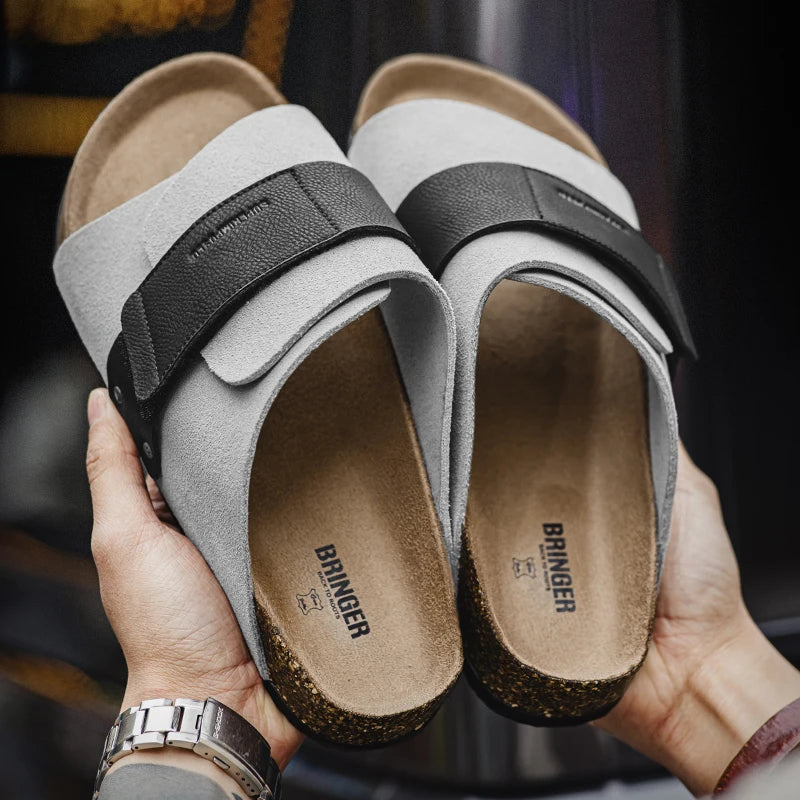 Maden New Casual Color-Block Mules Men's Summer Cork Sole Slide-On Sandals with Hook and Loop Closure Breathable Outdoor Shoes