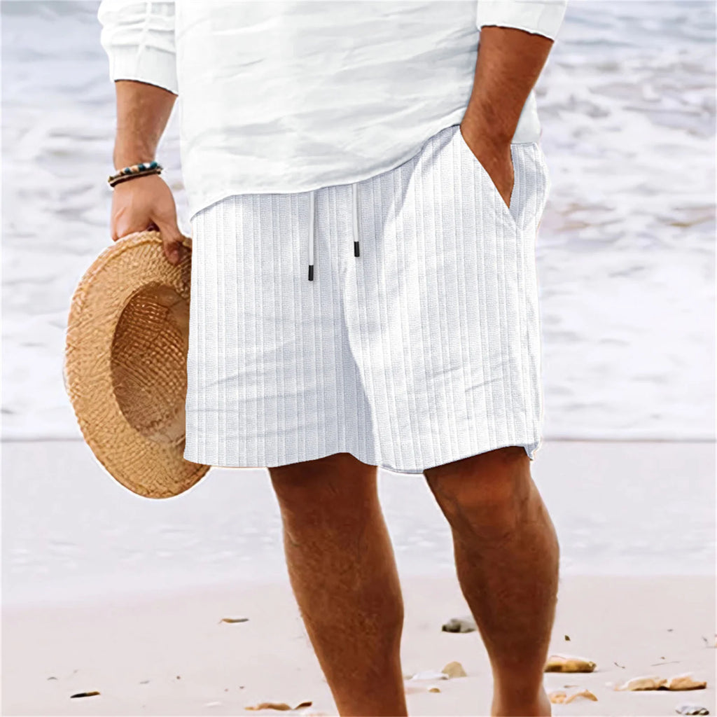Men's Hawaiian Beach style solid color striped multi-pocket tethered casual lightweight comfortable shorts