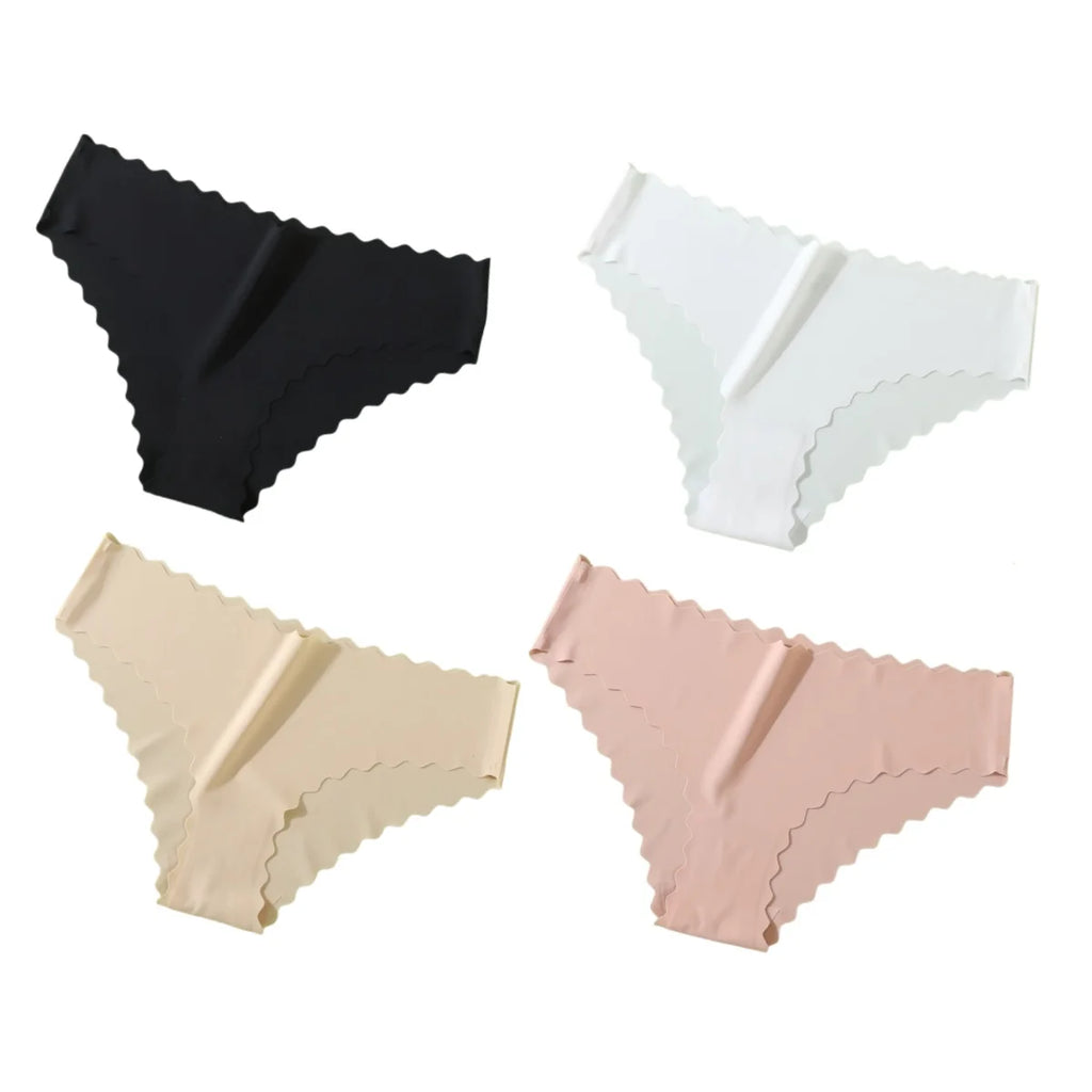 4Pcs/Set Ice Silk Mid-Rise Panties Women's Seamless Briefs Solid No Show Underwear Scalloped Edge Panties Sexy Lingerie