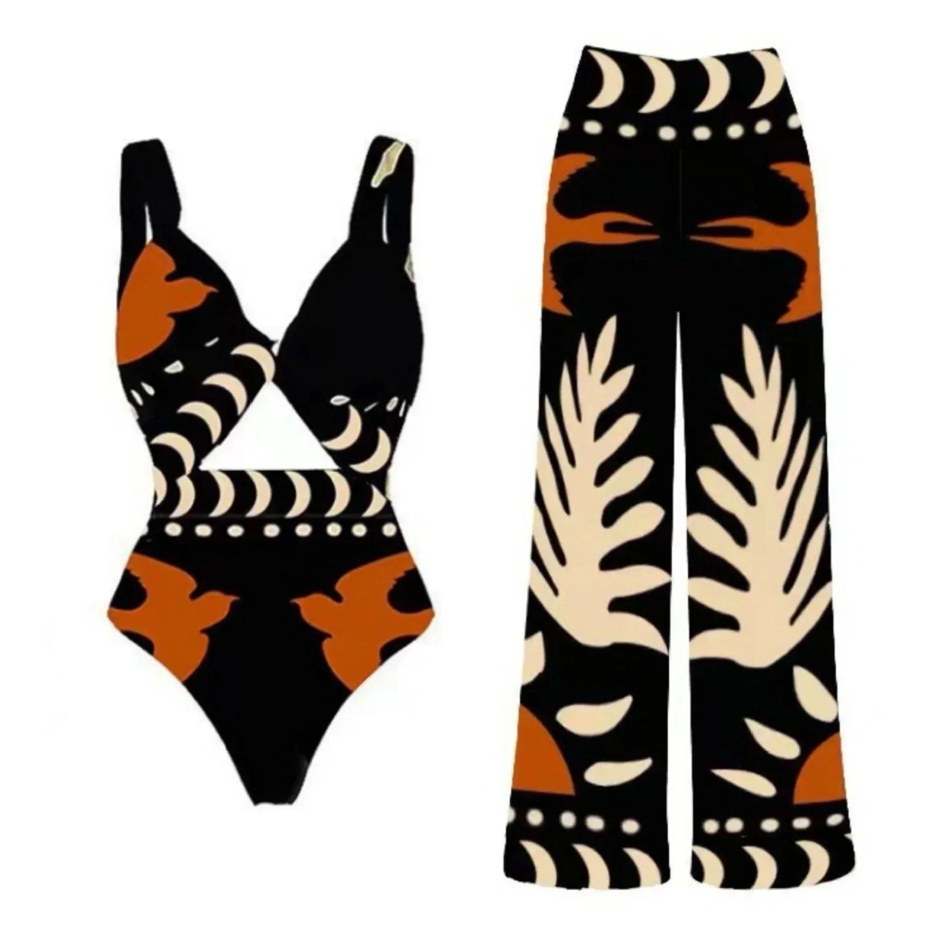 Sexy Bird Print Mesh High Waist Bikini 3 Pieces Sets Women Fashion Hollow Out One Pieces Swimwear 2026 New Beach Sarong Monokini