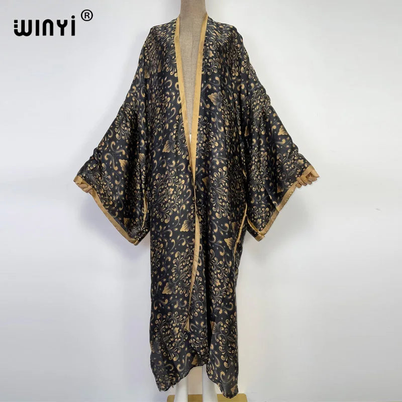 Women Cardigan stitch Cocktail sexy Boho Maxi African Holiday Batwing Sleeve Silk feeling Robe