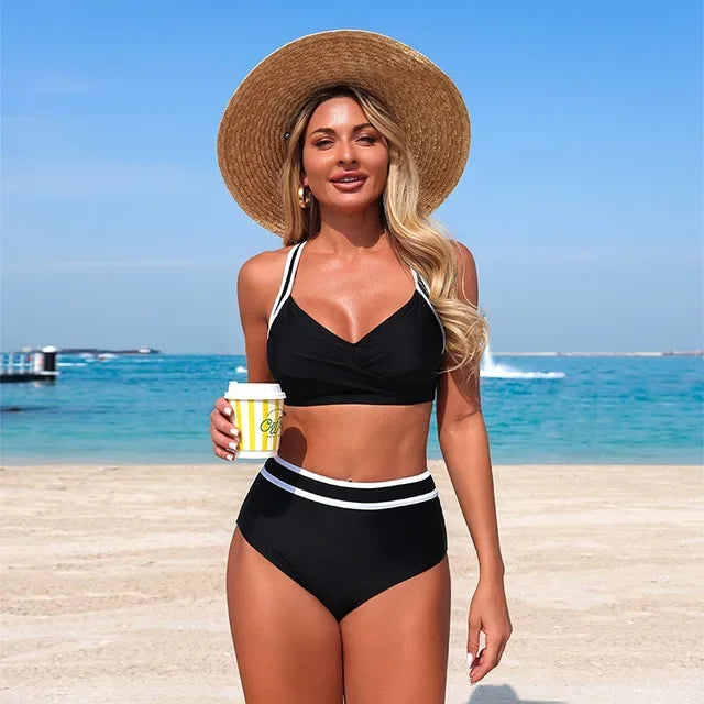 Women's solid colors/white stripe Bikini set beach style, two-piece swimsuit backless swimsuit
