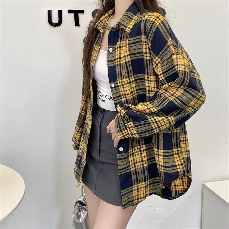Flannel Shirts for Women Long Sleeve Collared Button-Up Tartan Plaid Shirt Jacket  Teen-girl Casual Everyday Outfit