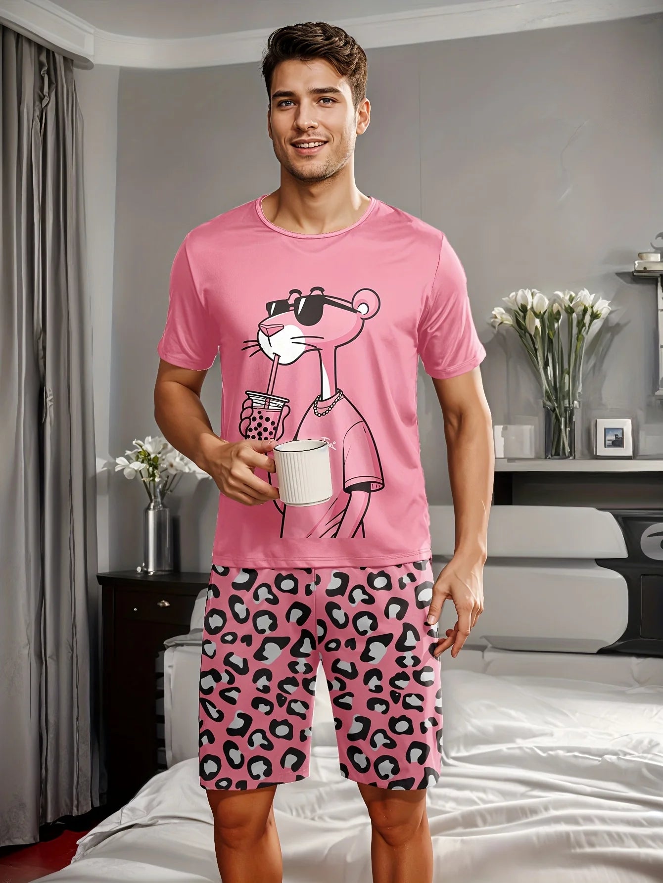 Men's Casual Pajama Set, leopard-print T-shirt and shorts, comfortable summer sleepwear