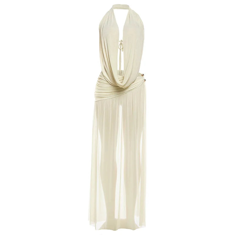 Sexy Two Piece Set Halter Neck Plunge Draped Vacuum No Bra Sleeveless Backless Top High Split Irregular Ruched Waist Maxi Skirt