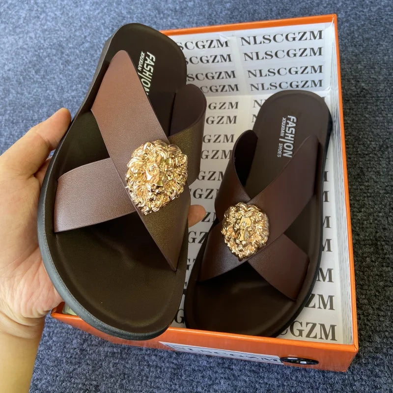 Leather slides for man black brown fashion shoes for mens slippers business beach slippers