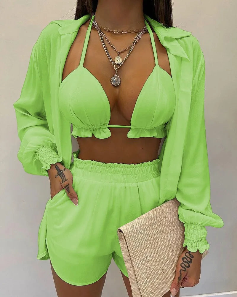 New Bathing Suit Shorts Cover Up Summer Three Pieces Swimwear Sexy Beachwear High Waist Bikini Set Print Women's Swimsuit