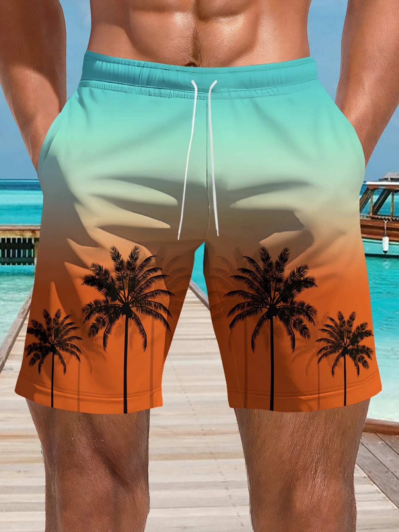 Men's Ocean Coconut Tree Print Beach Shorts Summer New Vacation Surfboard Casual Classic Men's Quick-Dry Shorts