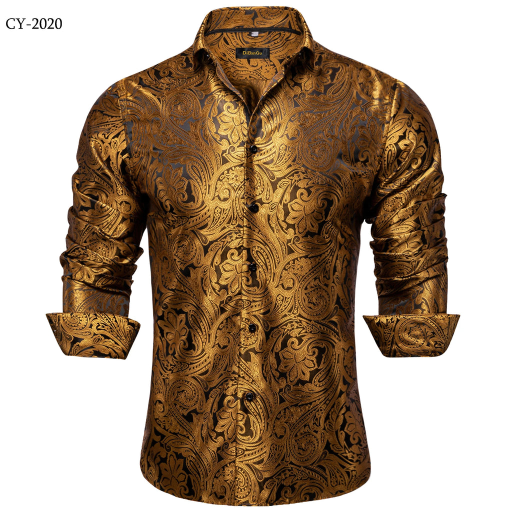 Men's Shirts Long Sleeve Polyester Dress Shirts Luxury Tuxedo Turn Down Collar Social Paisley Shirt Men Clothing