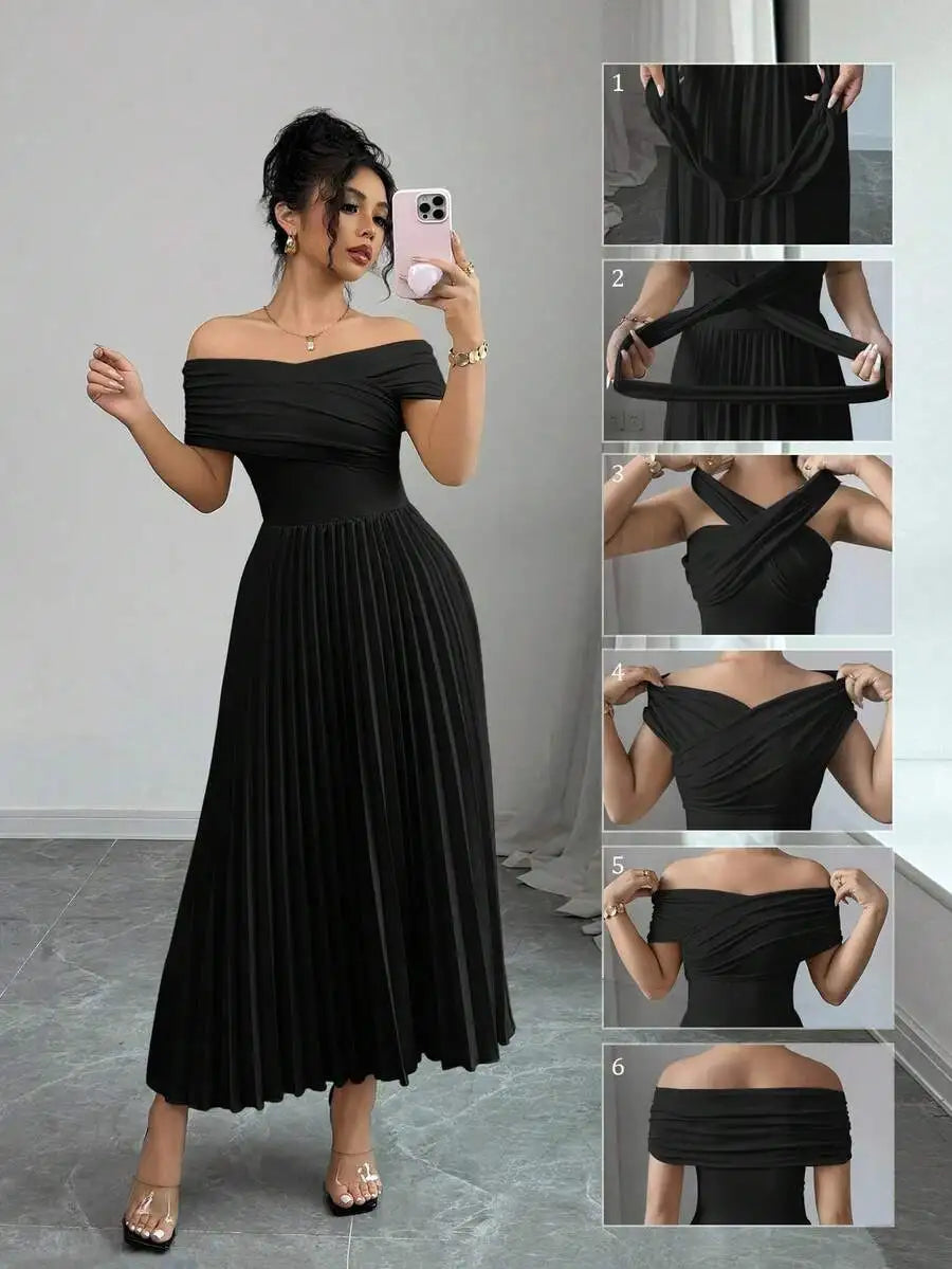 Off Shoulder Pleated Maxi Dress with Adjustable Wrap Top