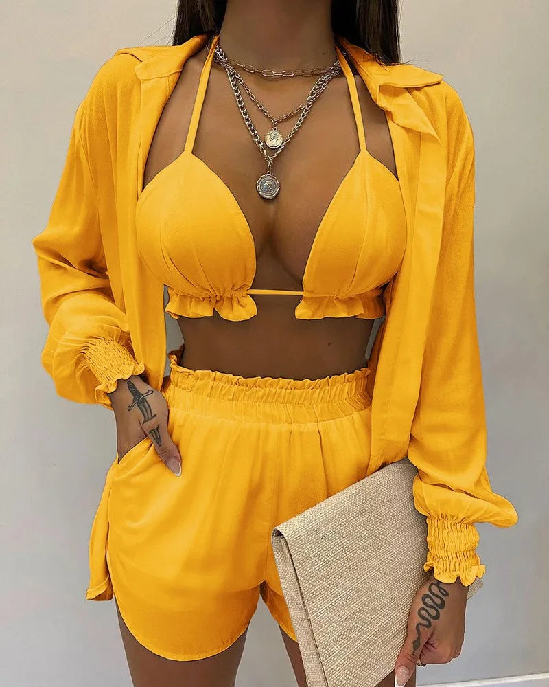 New Bathing Suit Shorts Cover Up Summer Three Pieces Swimwear Sexy Beachwear High Waist Bikini Set Print Women's Swimsuit