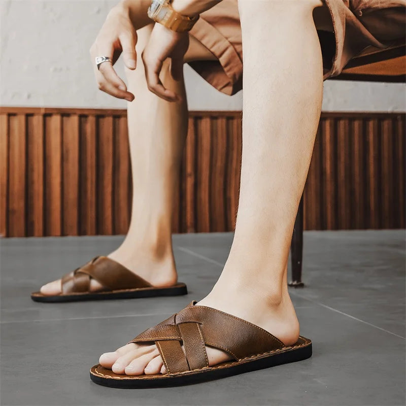 Handmade Leather Slippers for Men, Beach Summer Walking Shoes Slip on Light Male Flats Men Flip-flops Outdoor Half Drag