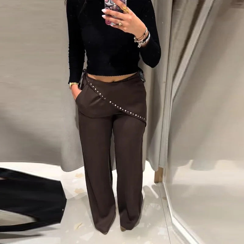 Women's High Waist Solid Color Pants with Detachable Waist Sequin Scarf Decor 2026 Summer New Lady Fashion Casual Trousers